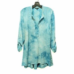 Boho Chic Women's Vintage Roll Tab Sleeve Lightweight Turquoise Tunic L